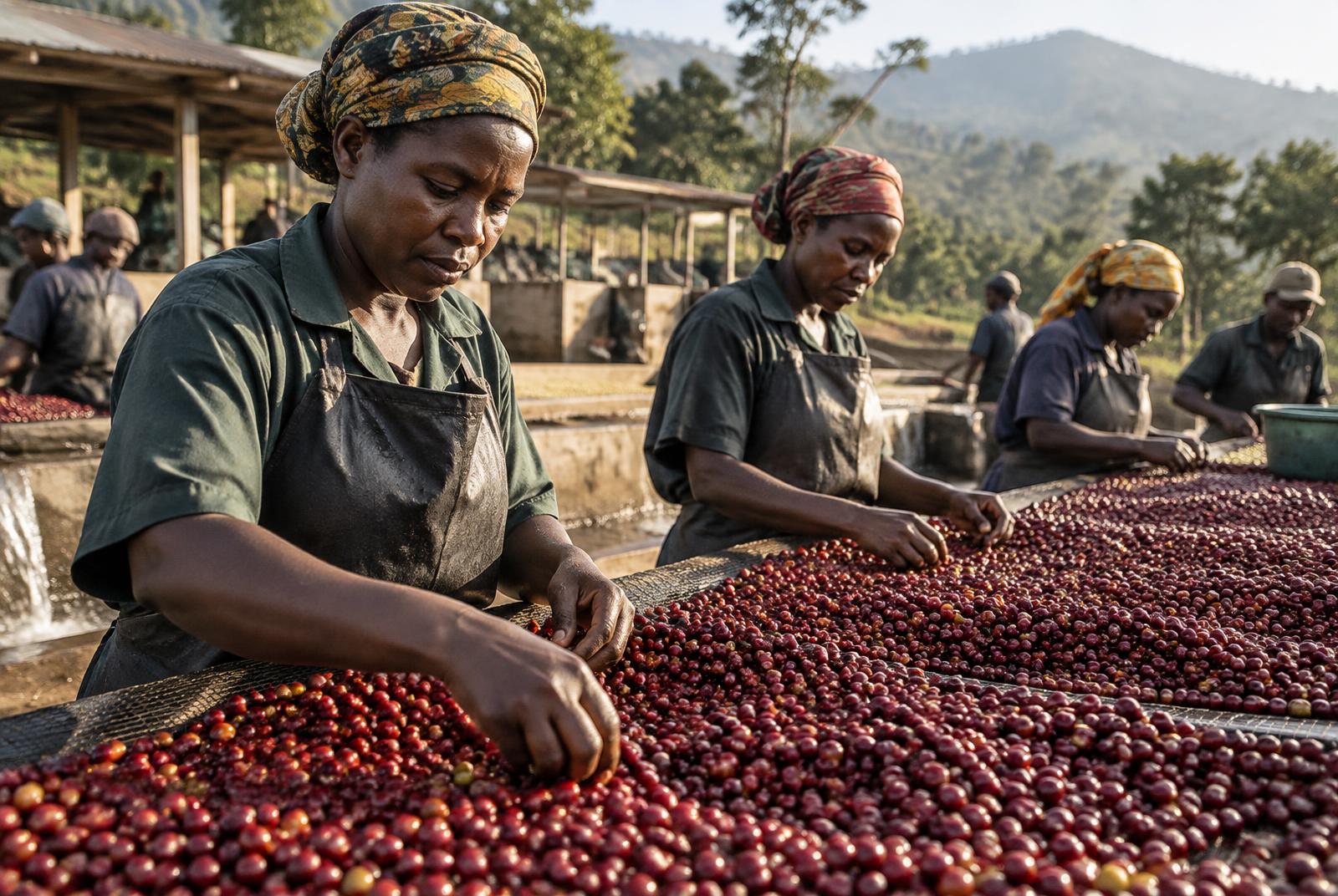 Tanzanian coffee producers handling hand-picked cherries