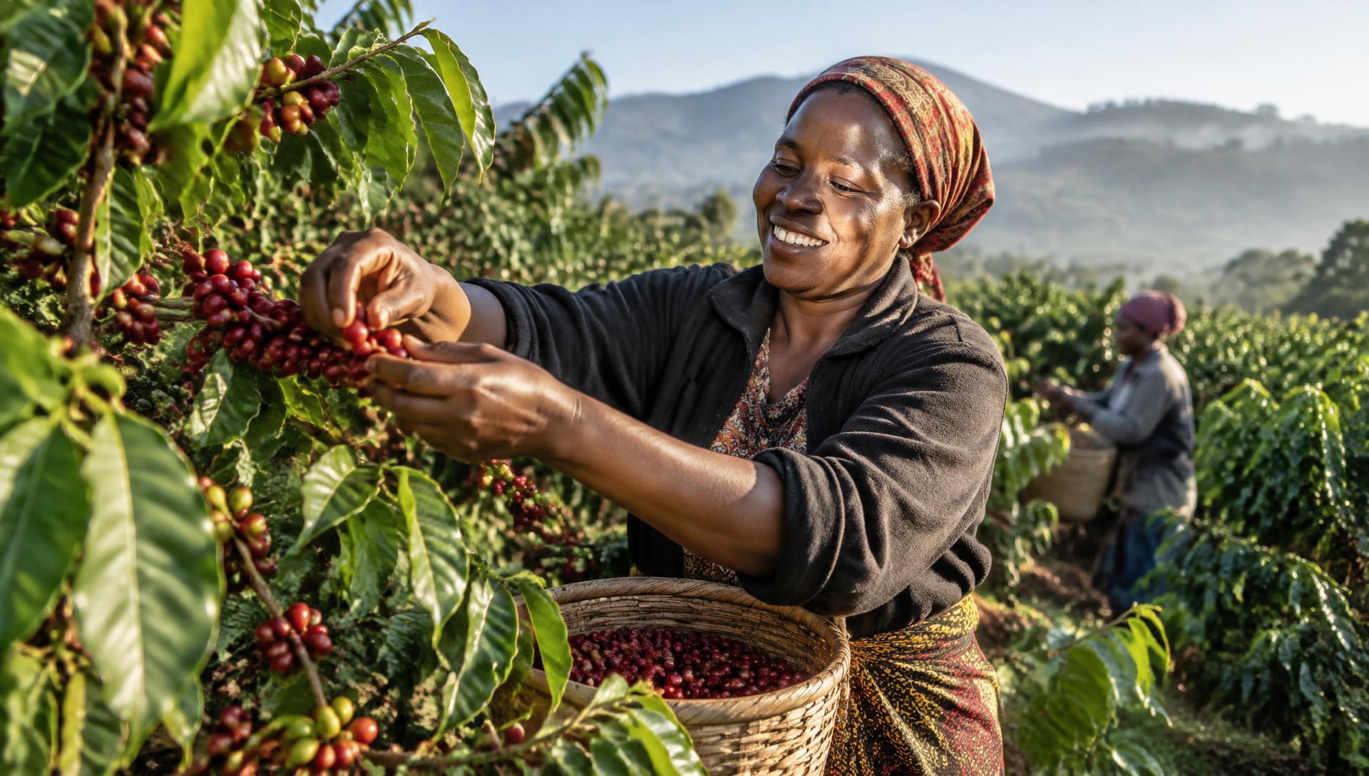 Tanzanian woman farmer hand-picking ripe coffee cherries